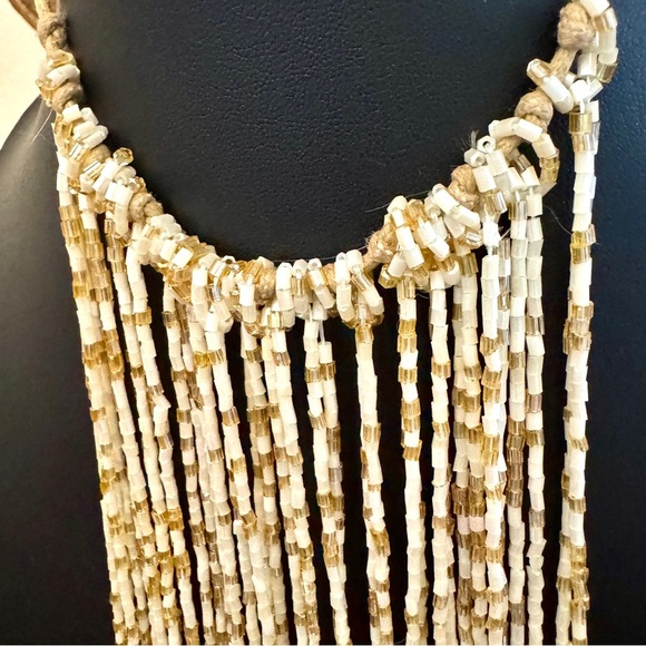 Regal Gold Pearly White Beaded Fringe Statement Choker Necklace w Dagon bracelet - Picture 4 of 7
